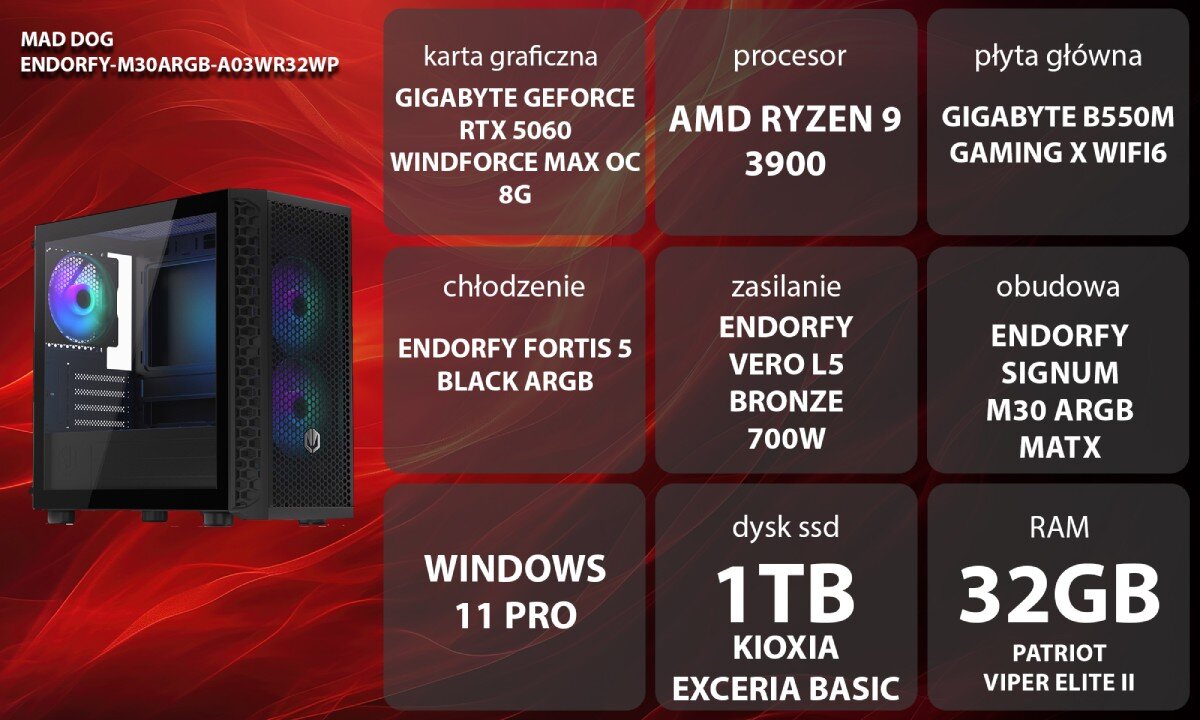 Komputer MAD DOG ENDORFY-M30ARGB-A03WR32WP kobieta w siedzi przy biurku i gra w grę komputerową na dużym monitorze. Ma na uszach czarne słuchawki z podświetlonym zielonym logo, a jej dłonie spoczywają na podświetlonej klawiaturze i myszce. Obok monitora stoi czarna obudowa komputerowa z przeszklonym bokiem