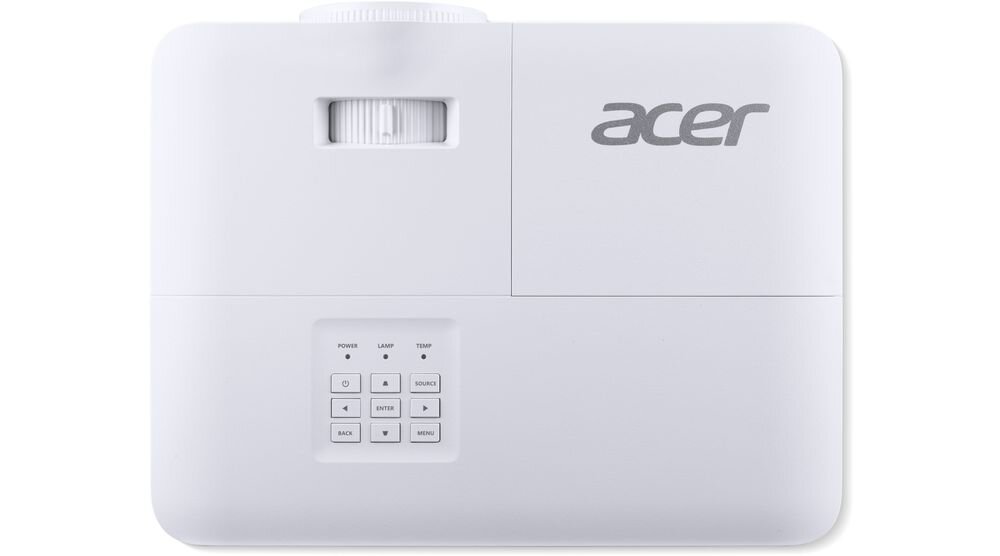 Biały projektor z logo \'acer\' na obudowie, posiada panel sterowania z przyciskami i pokrętło regulacji ostrości.