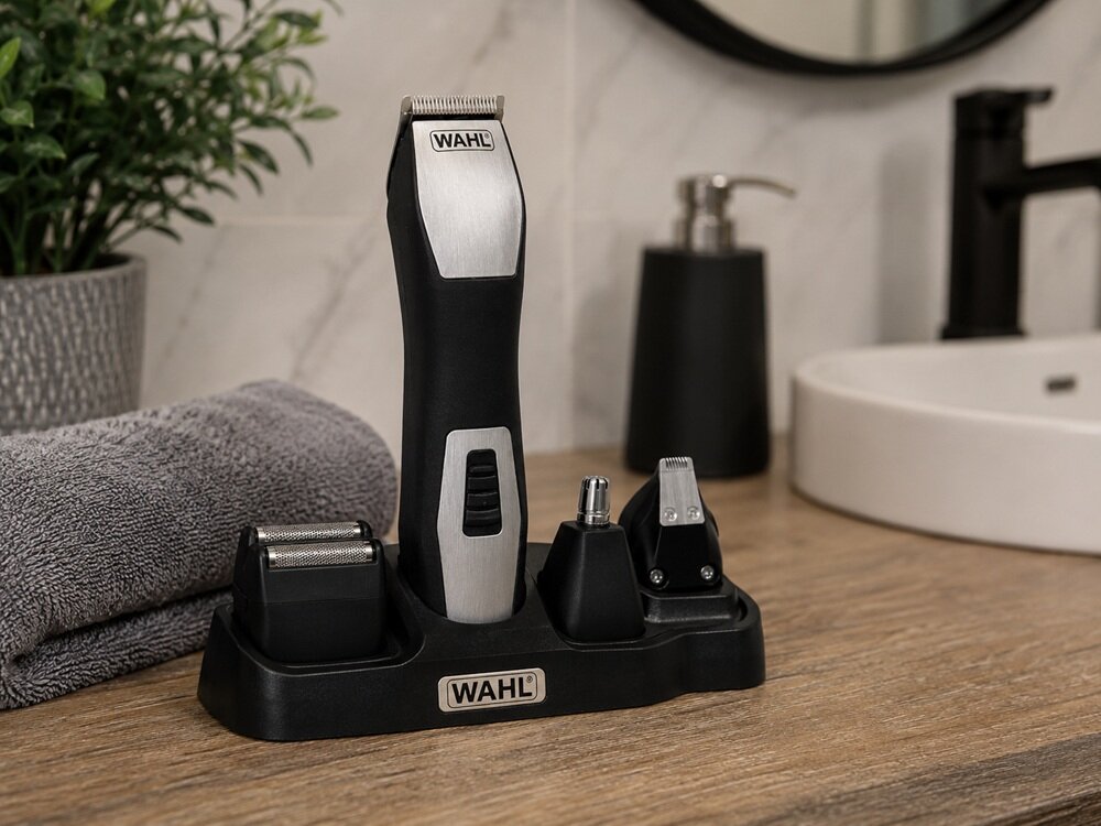 Trymer WAHL GroomsMan Pro 9855-1216 trymer wraz z akcesoriami na podstawce na blacie w łazience, detale stylizacji, 4 wymienne głowice