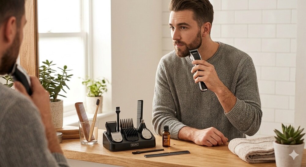 Trymer WAHL GroomsMan Pro 9855-1216 trymer w użyciu, golenie zarostu, bezprzewodowa praca, również podczas podróży