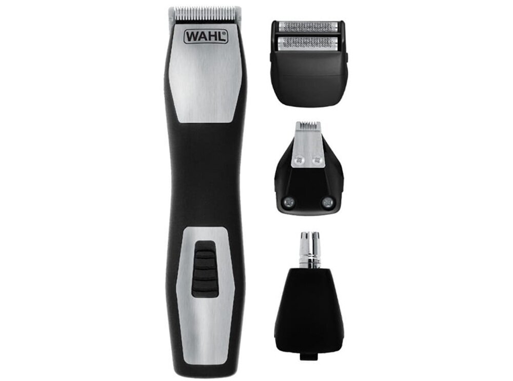 Trymer WAHL GroomsMan Pro 9855-1216 trymer wraz z wymiennymi głowicami na białym tle, 11 ustawien długości, regulowana nasadka