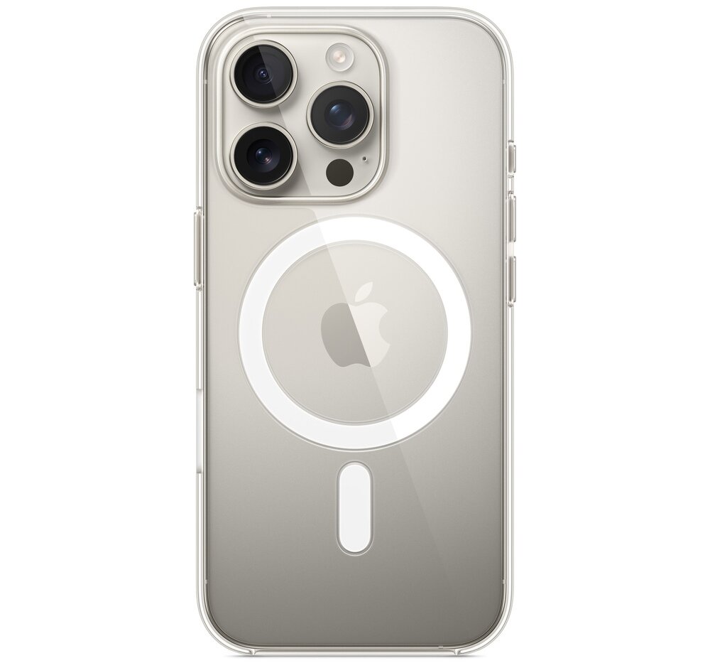 Przezroczyste etui na telefon z widocznym logo w kształcie jabłka i okrągłym wzorem MagSafe. Etui jest dopasowane do telefonu z trzema obiektywami aparatu.
