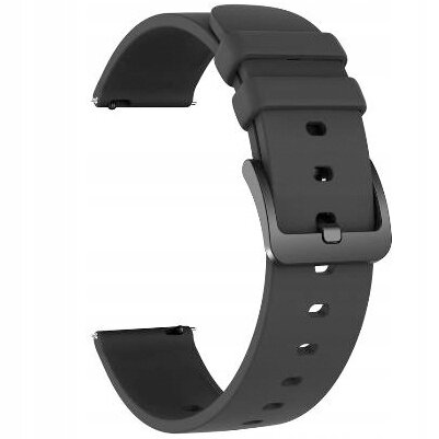 Czarny silikonowy pasek do zegarka smartwatch z kilkoma otworami na regulację. Pasek posiada metalową klamrę.