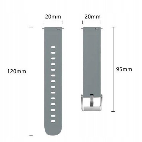 Obraz przedstawia dwa segmenty paska do zegarka w kolorze szarym. Na pasku widoczne są wymiary: 20mm szerokości, 120mm i 95mm długości.