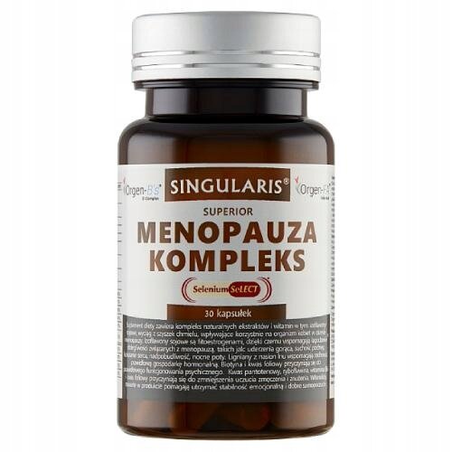 Butelka z etykietą \'Singularis Superior Menopauza Kompleks Selenium SeLECT 30 kapsułek\'.