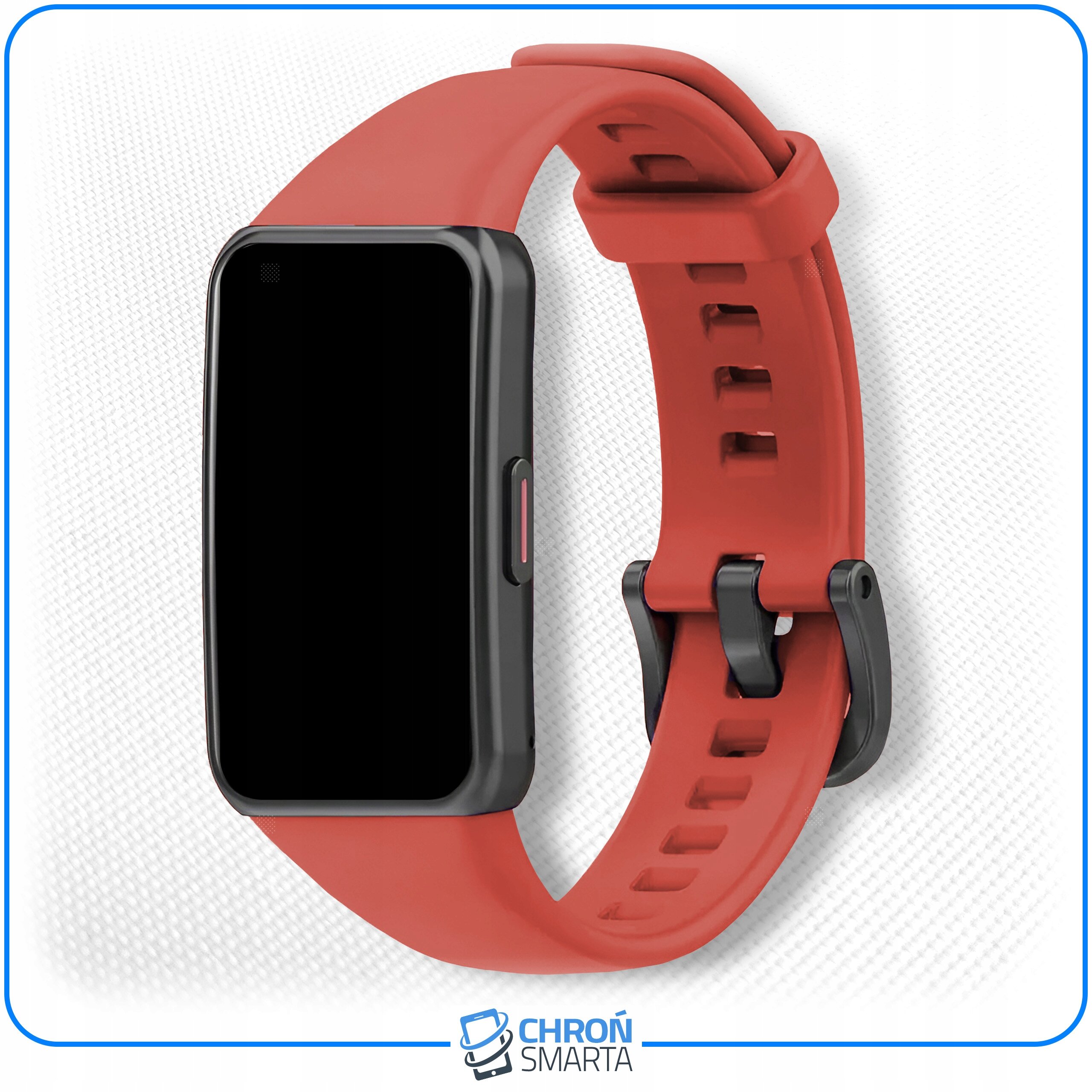 Na obrazie widoczny jest czerwony pasek do smartband\'a z czarną klamrą. Na dole znajduje się logo z napisem \'CHROŃ SMARTA\'.