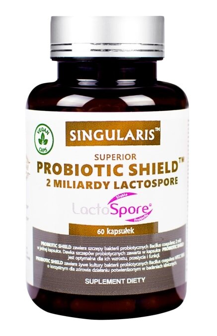 Butelka z etykietą \'Singularis Superior Probiotic Shield 2 miliardy Lactospore 60 kapsułek\'. Widoczny tekst: \'Suplement diety\'.