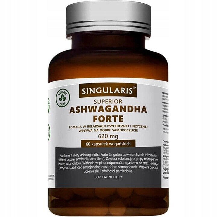 Butelka z etykietą \'Singularis Superior Ashwagandha Forte\'. Widoczny tekst: \'Pomaga w relaksacji psychicznej i fizycznej, wpływa na dobre samopoczucie, 620 mg, 60 kapsułek wegańskich\'.
