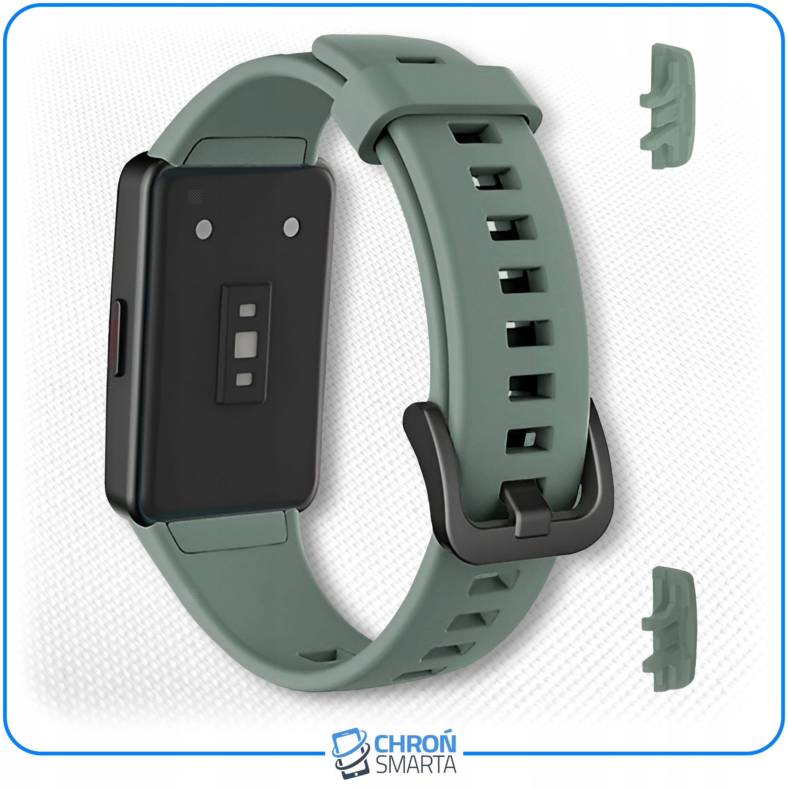 Zielony pasek do smartband\'a z czarną klamrą i dwoma dodatkowymi elementami. Na dole widoczne jest logo \'CHROŃ SMARTA\'.