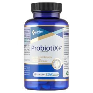 Niebieska butelka z etykietą \'Xenico Pharma ProbiotiX+\'. Widoczny tekst: \'60 kapsułek iDRcaps\'.