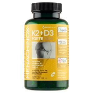 Butelka z etykietą Menachinox K2+D3 Forte 4000, zawierająca informacje o witaminach K2 i D3. Widoczne są również logotypy Quali-D i vitaMK7 oraz tekst \'90 kapsułek\'.