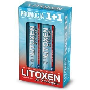 Opakowanie z napisem \'PROMOCJA 1+1\' oraz \'LITOXEN suplement diety dla Diabetyków\'. Zawiera dwa opakowania tabletek w środku.