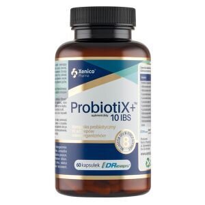 Butelka z etykietą \'Xenico Pharma ProbiotiX+ 10 IBS\'. Widoczny tekst: \'60 kapsułek\'.