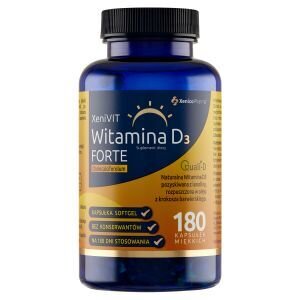 Niebieska butelka z etykietą \'XeniVIT Witamina D3 FORTE 180 kapsułek miękkich\'. Widoczny tekst: \'XenicoPharma\', \'EUROPEJSKI SOFTGEL\', \'BEZ KONSERWANTÓW\', \'NATURALNE DO STOSOWANIA\'.