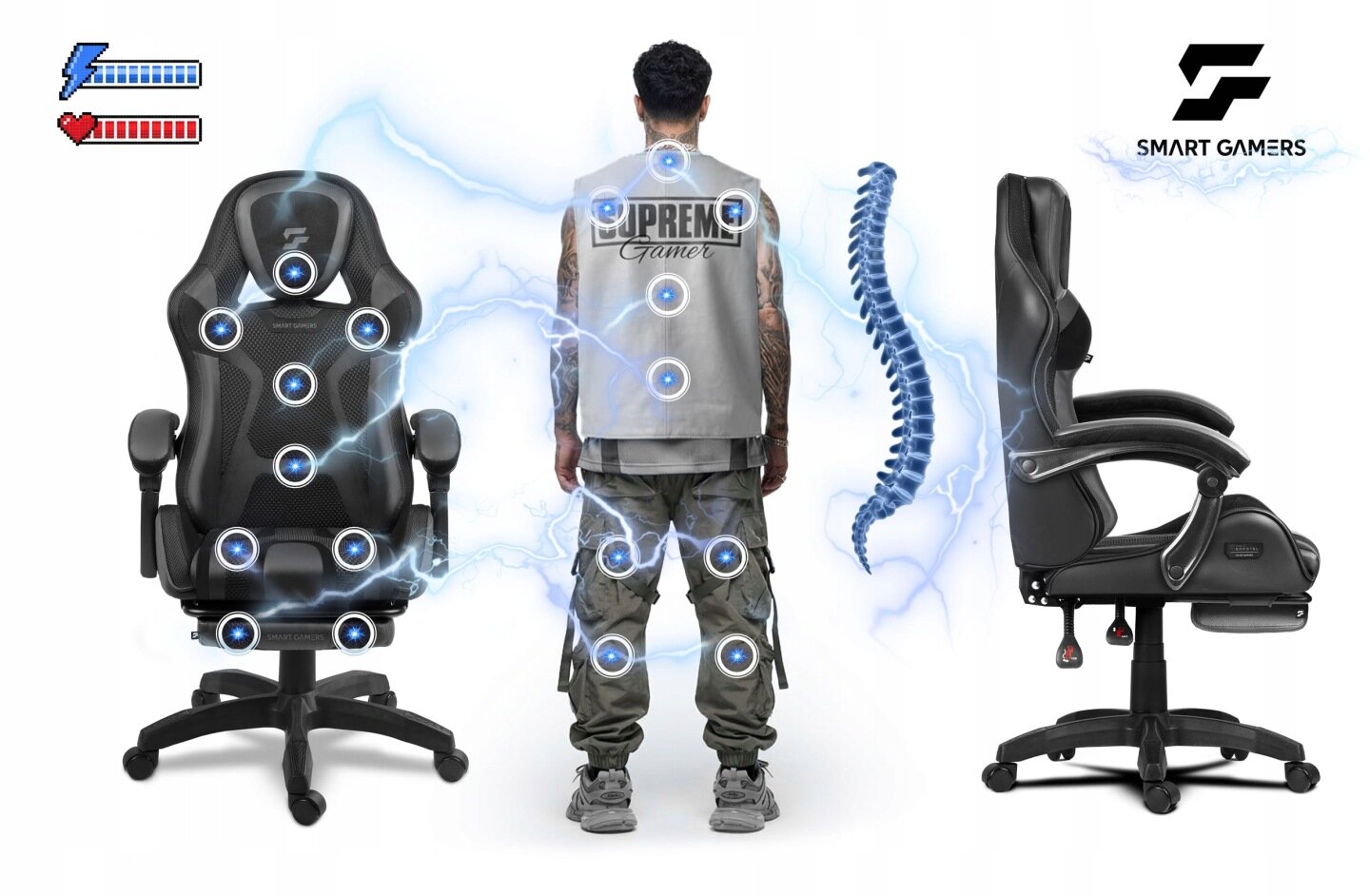 Na zdjęciu widoczne są dwa czarne fotele biurowe z oznaczeniami punktów nacisku oraz postać z napisem \'Supreme Gamer\' na plecach. W prawym górnym rogu znajduje się logo \'SMART GAMERS\'.
