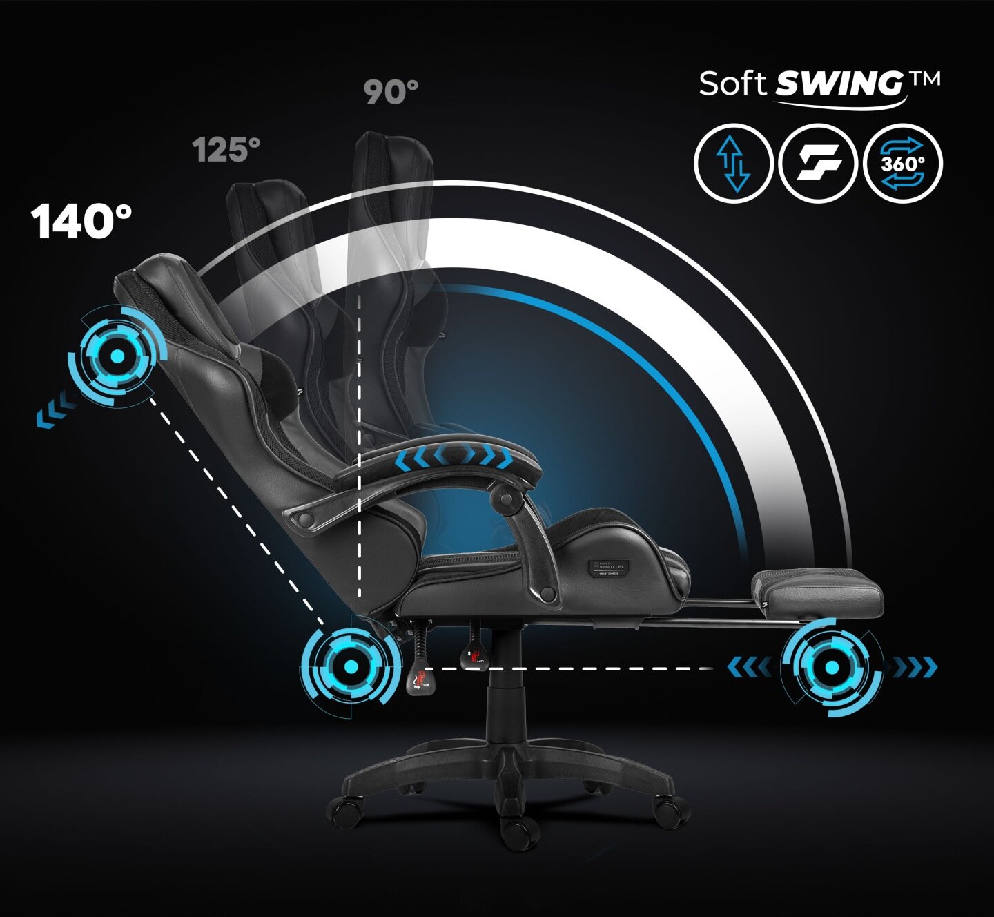 Czarny fotel biurowy z funkcją regulacji kąta nachylenia oparcia do 140 stopni. Widoczne napisy: 90°, 125°, 140°, Soft SWING™.