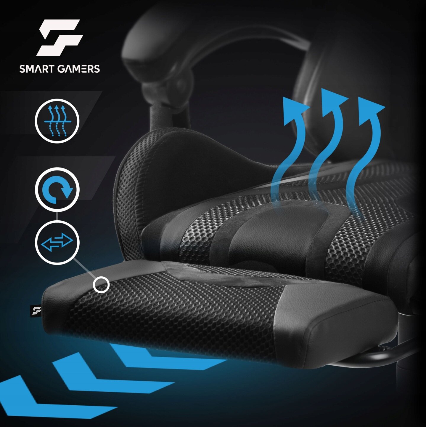 Czarny fotel biurowy z perforowanym materiałem i podłokietnikami. Widoczne logo Smart Gamers oraz ikony przedstawiające funkcje fotela.