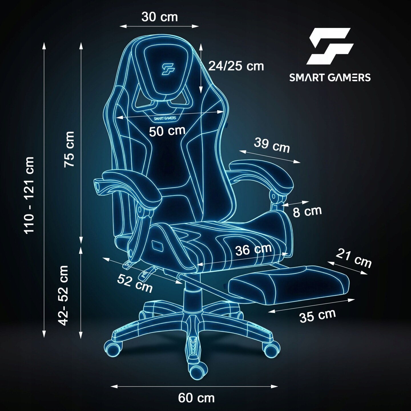 Obraz przedstawia schemat fotela biurowego z wymiarami w centymetrach. Widoczny jest tekst \'SMART GAMERS\' oraz logo producenta.
