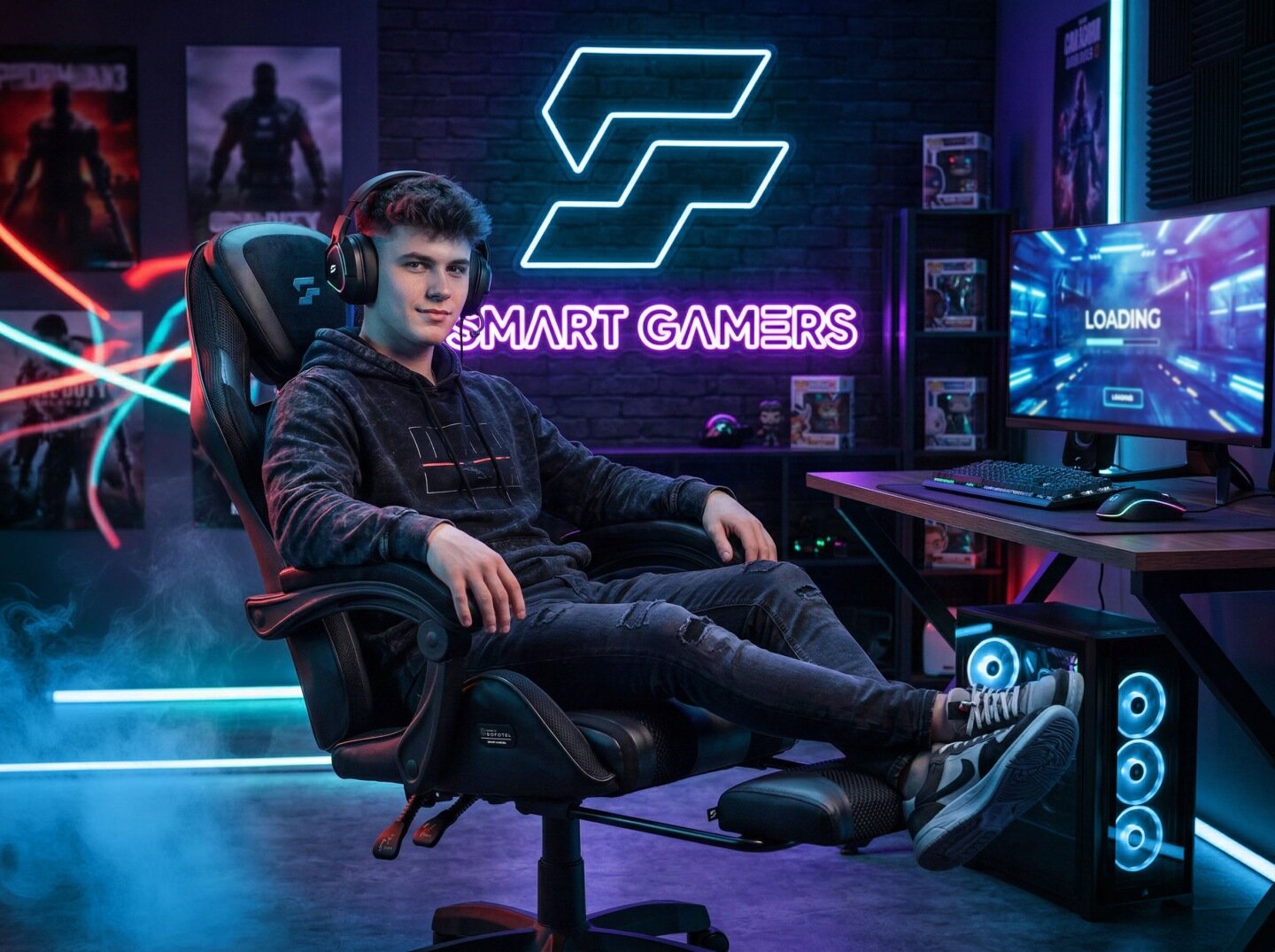 Na zdjęciu znajduje się fotel biurowy z napisem \'SMART GAMERS\' w tle. Na monitorze widoczny jest napis \'LOADING\'.