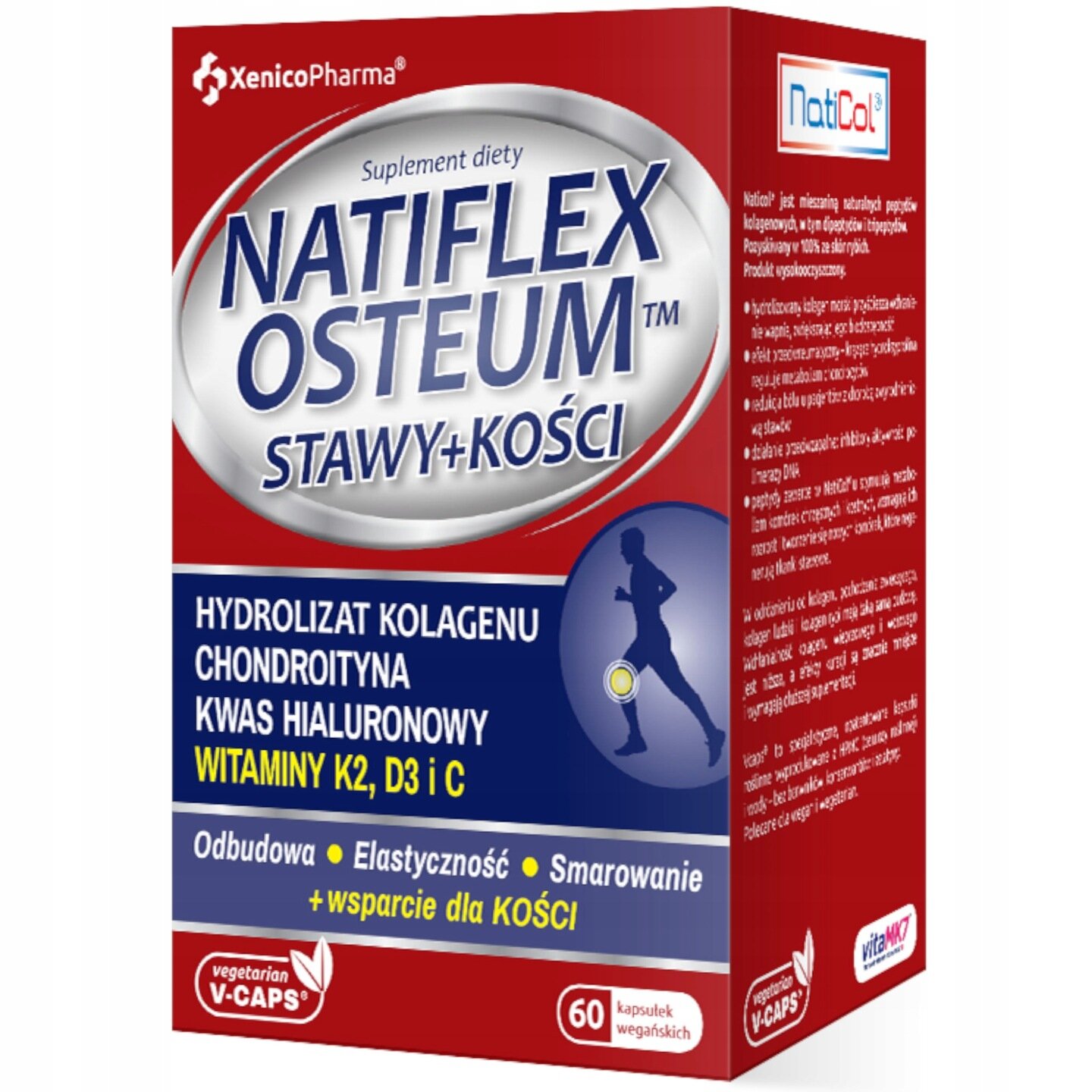 Opakowanie suplementu diety Xenico Pharma Natiflex Osteum z napisem \'STAWY+KOŚCI\'. Zawiera informacje o składnikach: hydrolizat kolagenu, chondroityna, kwas hialuronowy, witaminy K2, D3 i C oraz 60 kapsułek wegańskich.