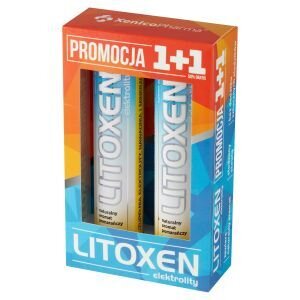 Opakowanie produktu Litoxen elektrolity z napisem \'PROMOCJA 1+1\'. Widoczne są dwie tuby z napisem \'LITOXEN\'.