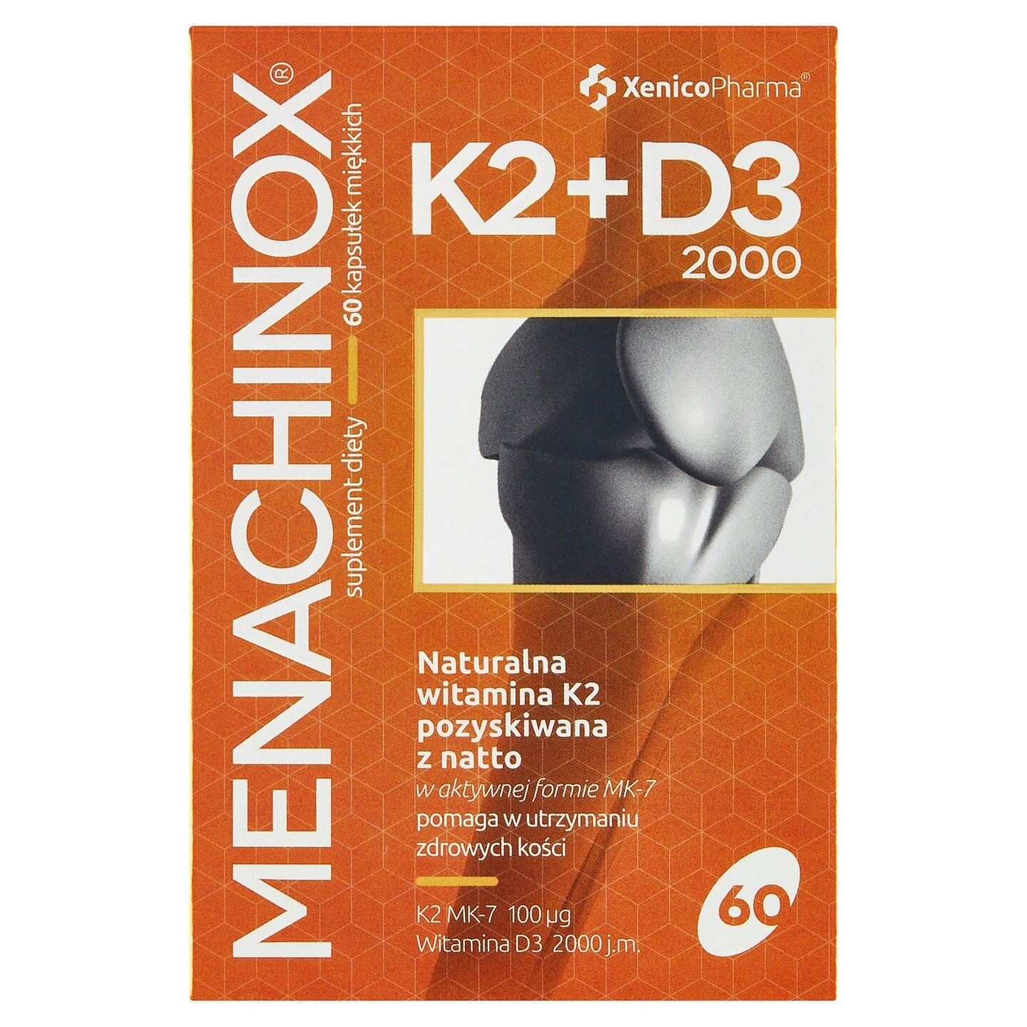 Opakowanie suplementu diety Xenico Pharma Menachinox K2 + D3 2000, zawierające 60 kapsułek miękkich. Na opakowaniu widoczny jest napis: \'Naturalna witamina K2 pozyskiwana z natto w aktywnej formie MK-7 pomaga w utrzymaniu zdrowych kości\'.