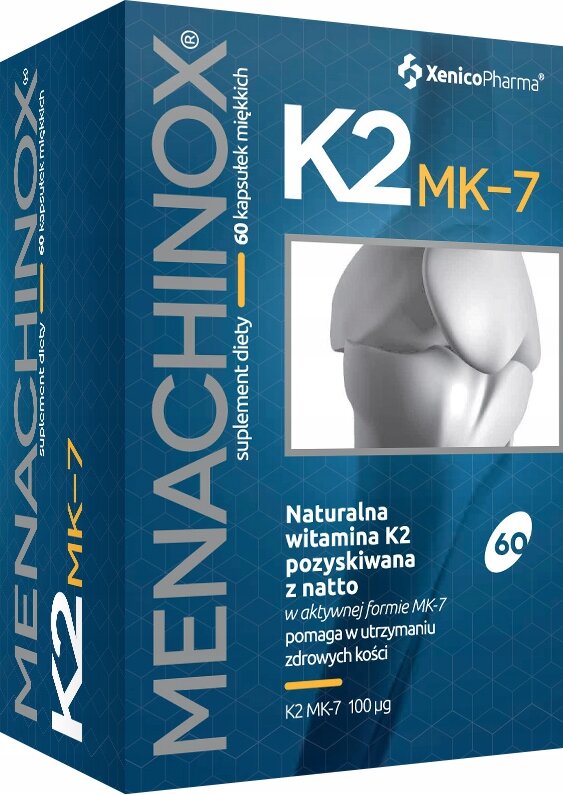 Opakowanie suplementu diety Menachinox K2 MK-7, 60 kapsułek miękkich, z logo XenicoPharma. Na opakowaniu widnieje napis: \'Naturalna witamina K2 pozyskiwana z natto w aktywnej formie MK-7 pomaga w utrzymaniu zdrowych kości\'.