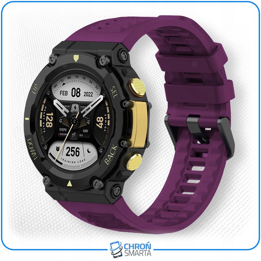 Smartwatch z okrągłą tarczą, wyświetlający datę 8 lutego 2022 oraz różne wskaźniki, z fioletowym paskiem. Logo \'CHROŃ SMARTA\' widoczne na dole obrazu.