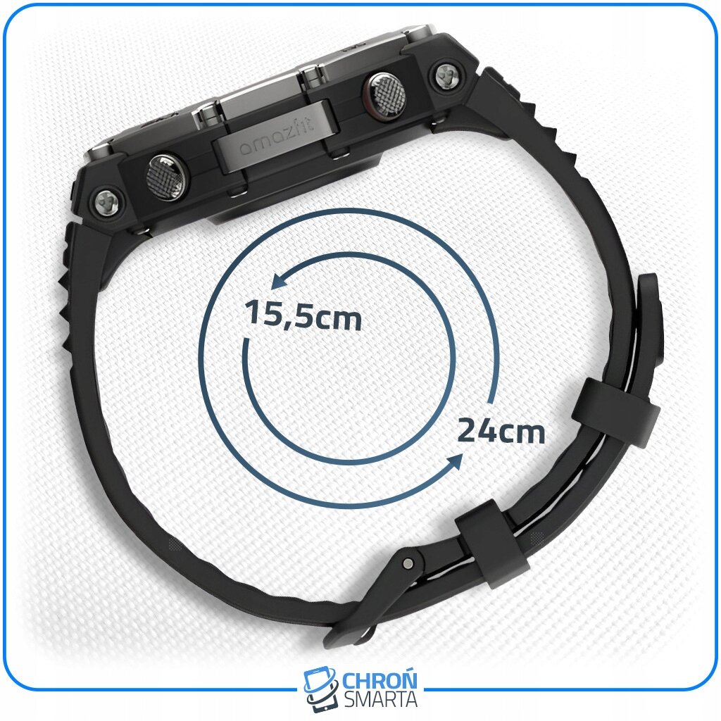 Szary pasek do smartwatcha Amazfit T-Rex 2 z widocznymi wymiarami 15,5 cm i 24 cm. Na zegarku znajduje się napis \'amazfit\', a na dole logo \'CHROŃ SMARTA\'.