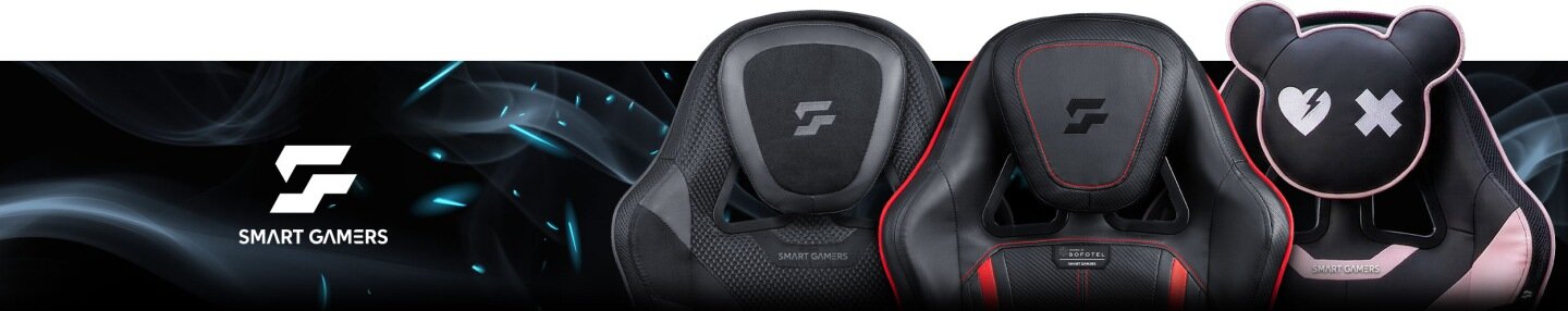 Trzy fotele gamingowe widoczne od tyłu, z logo \'SMART GAMERS\' po lewej stronie. Środkowy fotel jest czarno-czerwony z napisem \'SPECTER\'.