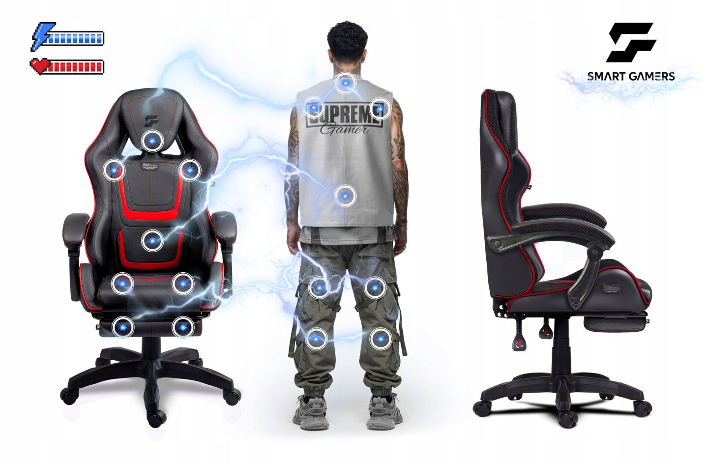 Obraz przedstawia czarno-czerwony fotel gamingowy z oznaczeniami punktów nacisku oraz osobę stojącą tyłem w kamizelce z napisem \'SUPREME Gamer\'. Po prawej stronie widoczny jest boczny widok fotela, a w prawym górnym rogu znajduje się logo \'SMART GAMERS\'.
