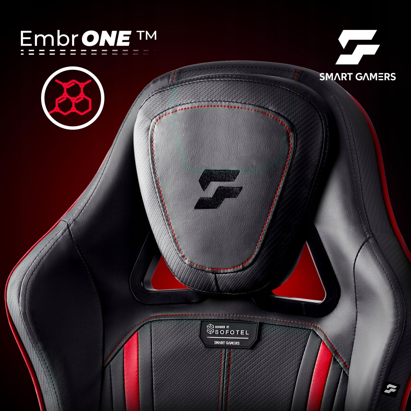 Czarno-czerwony fotel gamingowy z logo Sofotel na oparciu. Widoczny napis: \'EmbrONE™\' oraz \'SMART GAMERS\'.