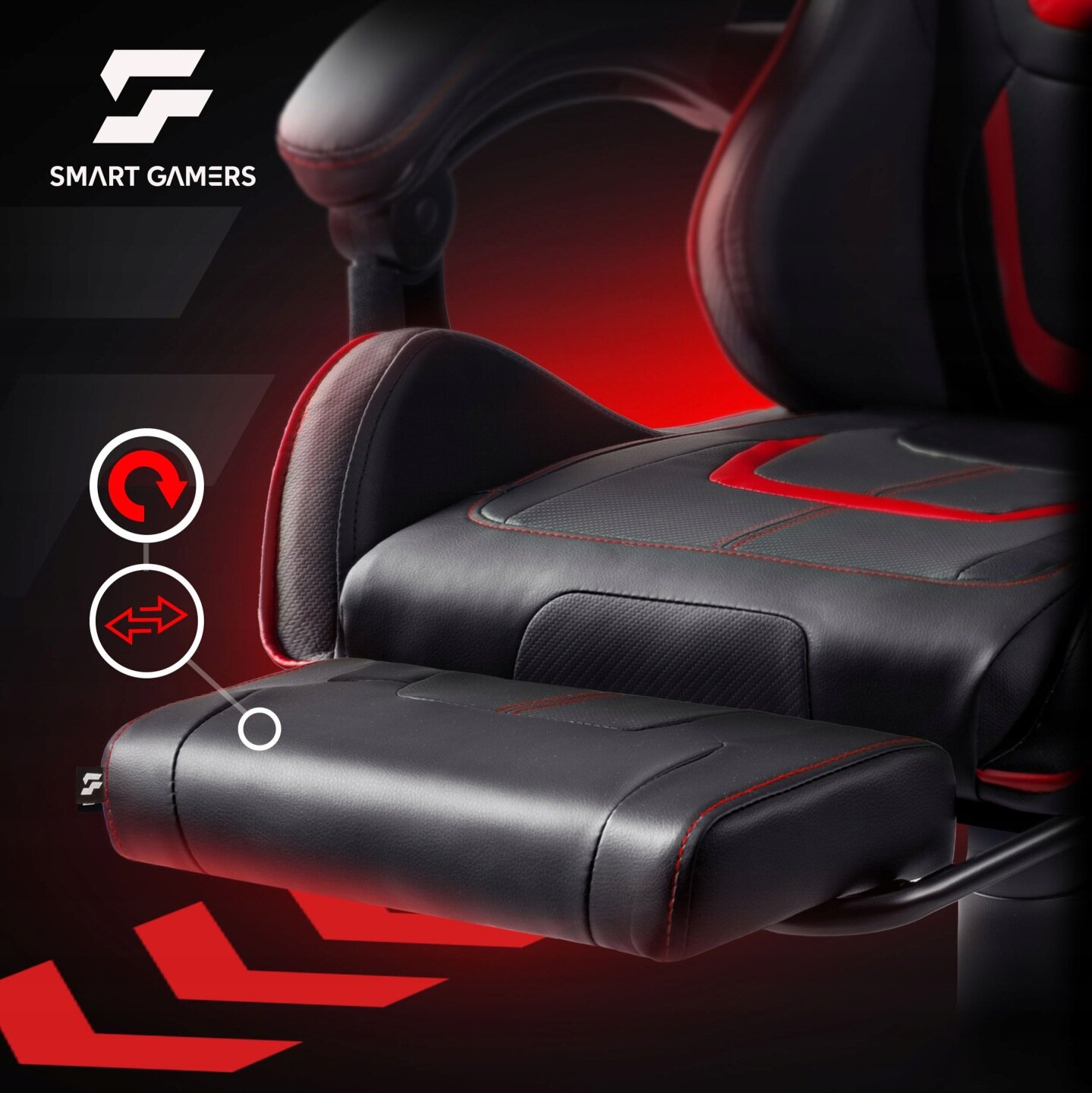 Czarno-czerwony fotel gamingowy z widocznymi elementami regulacji. Logo \'SMART GAMERS\' znajduje się w lewym górnym rogu.