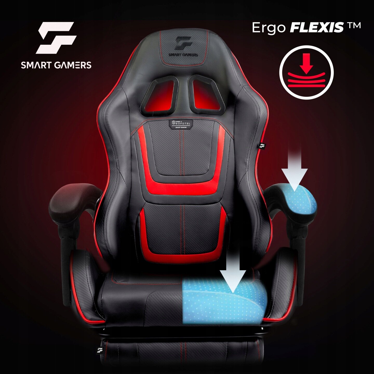 Czarno-czerwony fotel gamingowy z logo \'SMART GAMERS\' i napisem \'Ergo FLEXIS™\'. Na oparciu i podłokietniku widoczne są strzałki wskazujące na elastyczność materiału.