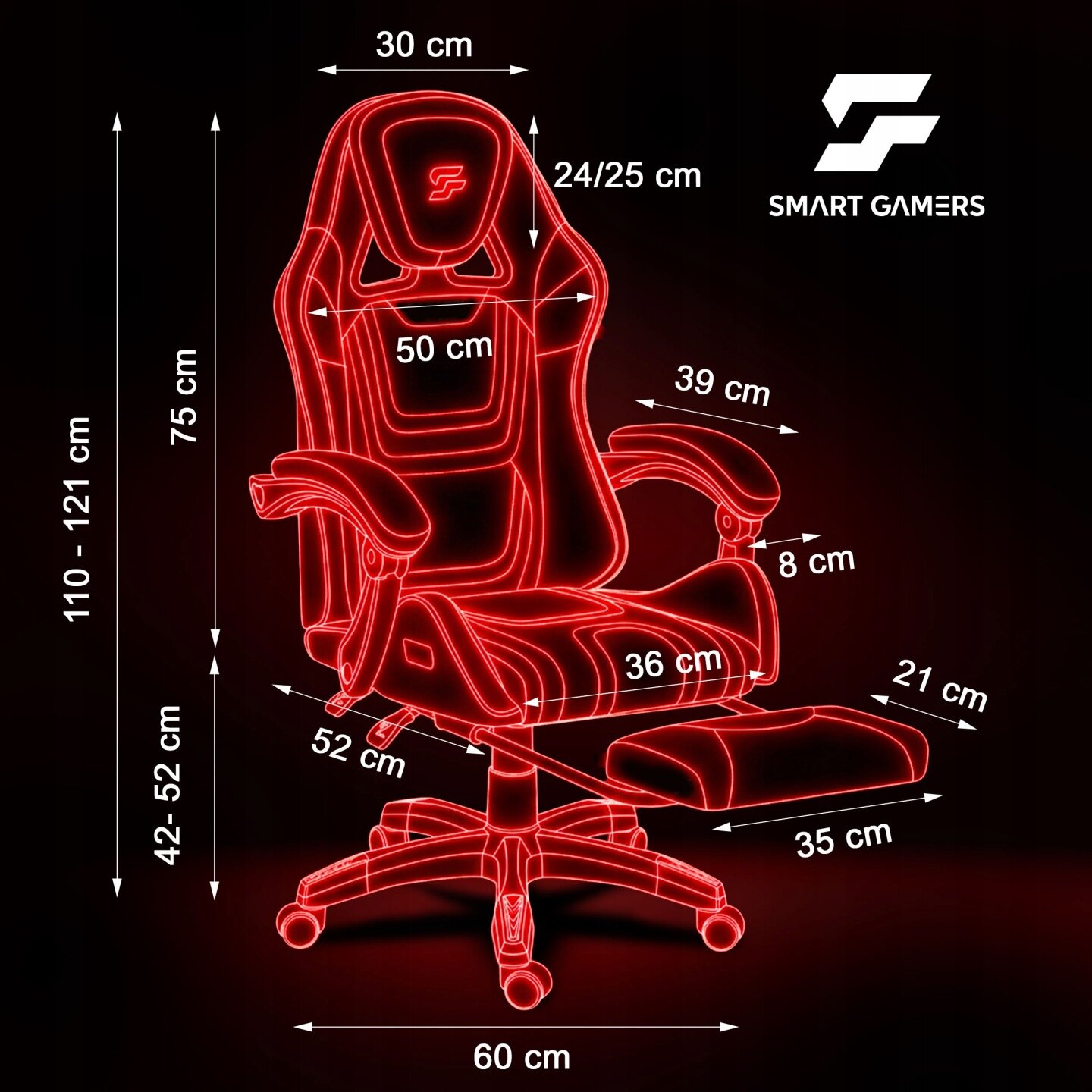 Obraz przedstawia kontur fotela gamingowego z wymiarami: wysokość 110-121 cm, szerokość 60 cm, głębokość siedziska 52 cm. Logo \'SMART GAMERS\' widoczne w prawym górnym rogu.