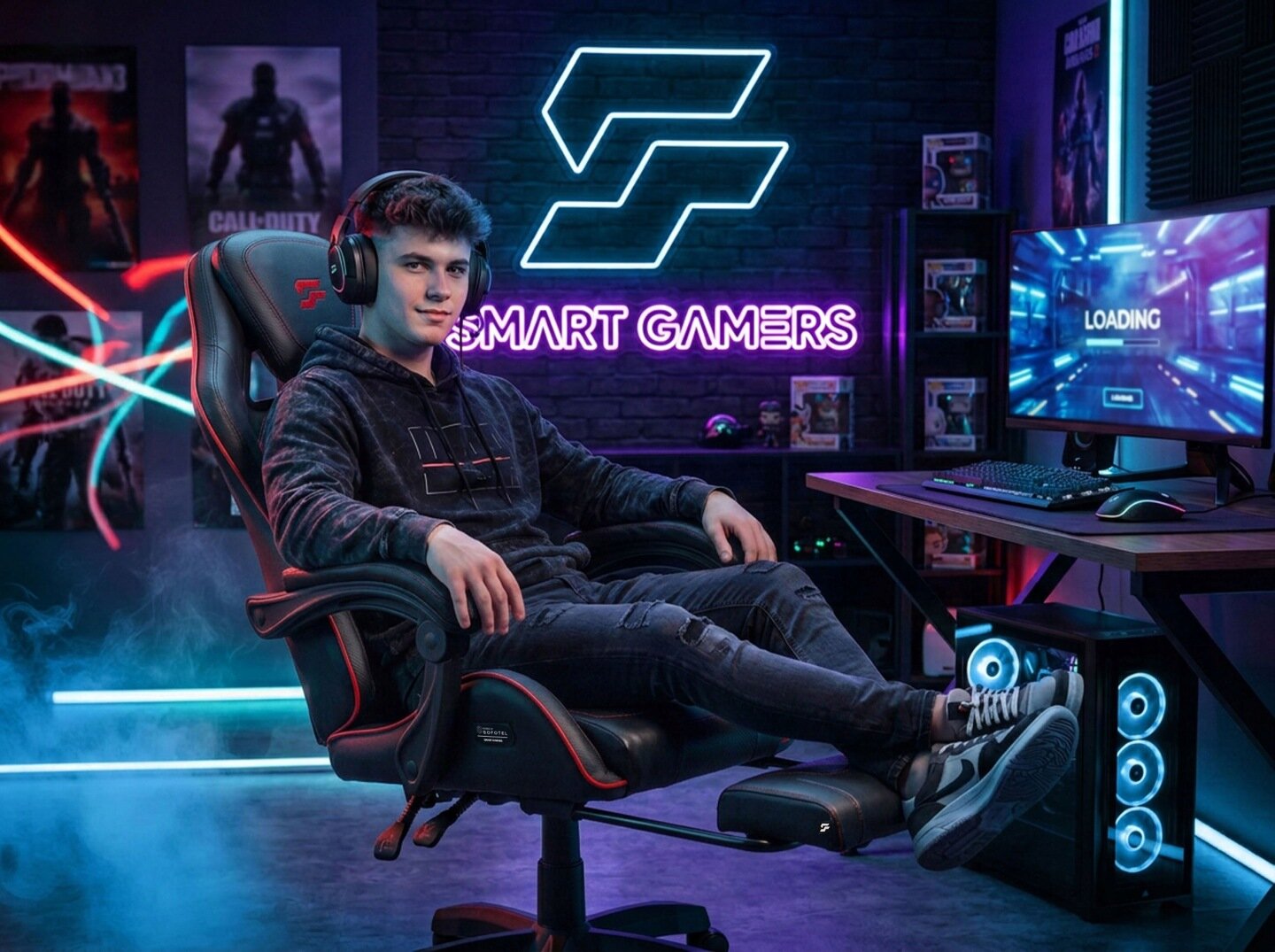 Osoba siedzi na czarno-czerwonym fotelu gamingowym w pokoju z neonowym napisem \'SMART GAMERS\' na ścianie. Obok znajduje się biurko z monitorem, na którym widoczny jest napis \'LOADING\'.