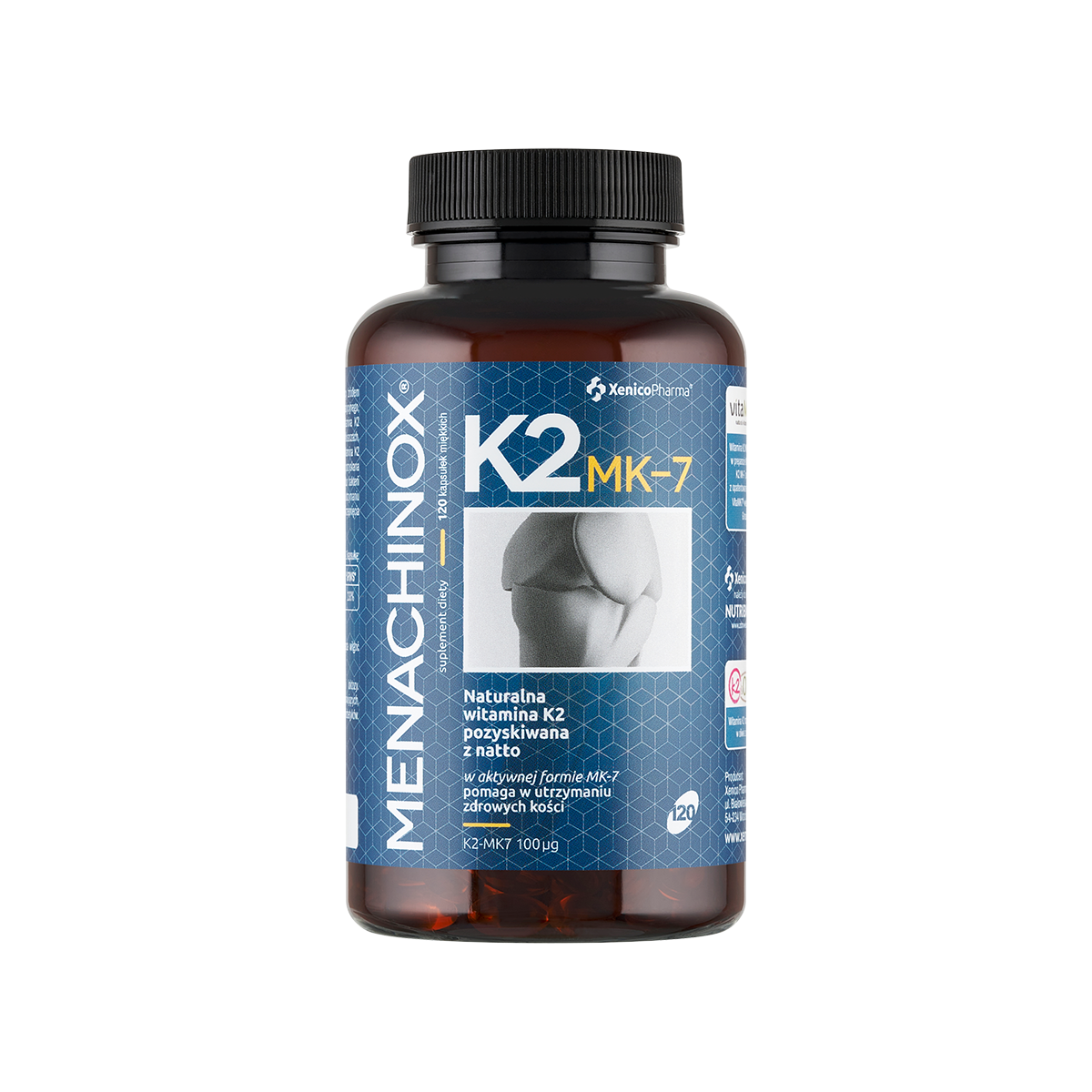 Butelka suplementu diety Xenico Pharma Menachinox K2 MK-7 zawierająca 120 kapsułek. Etykieta informuje o naturalnej witaminie K2 pozyskiwanej z natto, wspomagającej utrzymanie zdrowych kości.