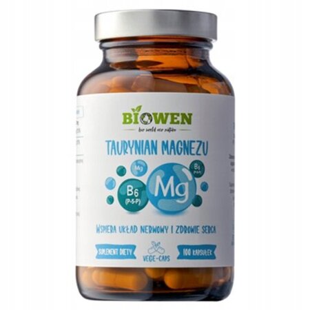Szklana butelka z białą etykietą zawierającą napisy: \'Biowen Taurynian Magnezu\', \'Wspiera układ nerwowy i zdrowie serca\', \'Suplement diety\', \'Vege-Caps\', \'100 kapsułek\'.