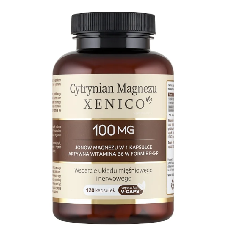 Butelka z etykietą \'Cytrynian Magnezu XENICO 100 MG\'. Na etykiecie widnieje informacja: \'Jonów magnezu w 1 kapsułce, aktywna witamina B6 w formie P-5-P, wsparcie układu mięśniowego i nerwowego, 120 kapsułek, vegetarian V-CAPS\'.