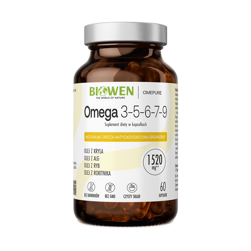 Szklana butelka z etykietą produktu Biowen Omega 3-5-6-7-9, zawierająca 60 kapsułek. Na etykiecie widnieje napis: \'Olej z kryla, olej z alg, olej z ryb, olej z rokitnika\', oraz informacja \'1520 mg\'.