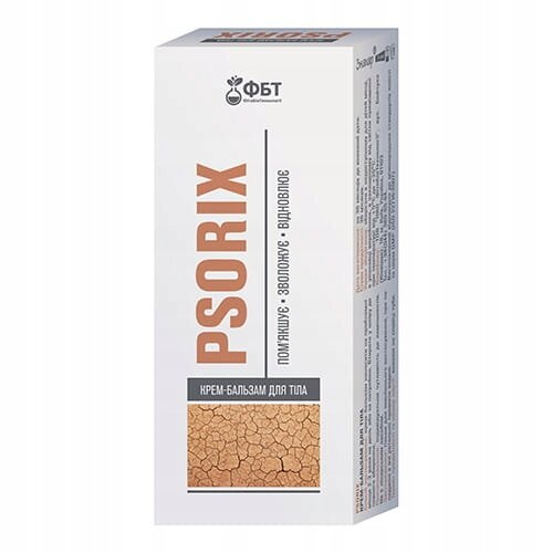 Opakowanie produktu z napisem \'PSORIX\' oraz logo producenta. Widoczny jest również tekst \'КРЕМ-БАЛЬЗАМ ДЛЯ ТІЛА\' i grafika przedstawiająca suchą skórę.