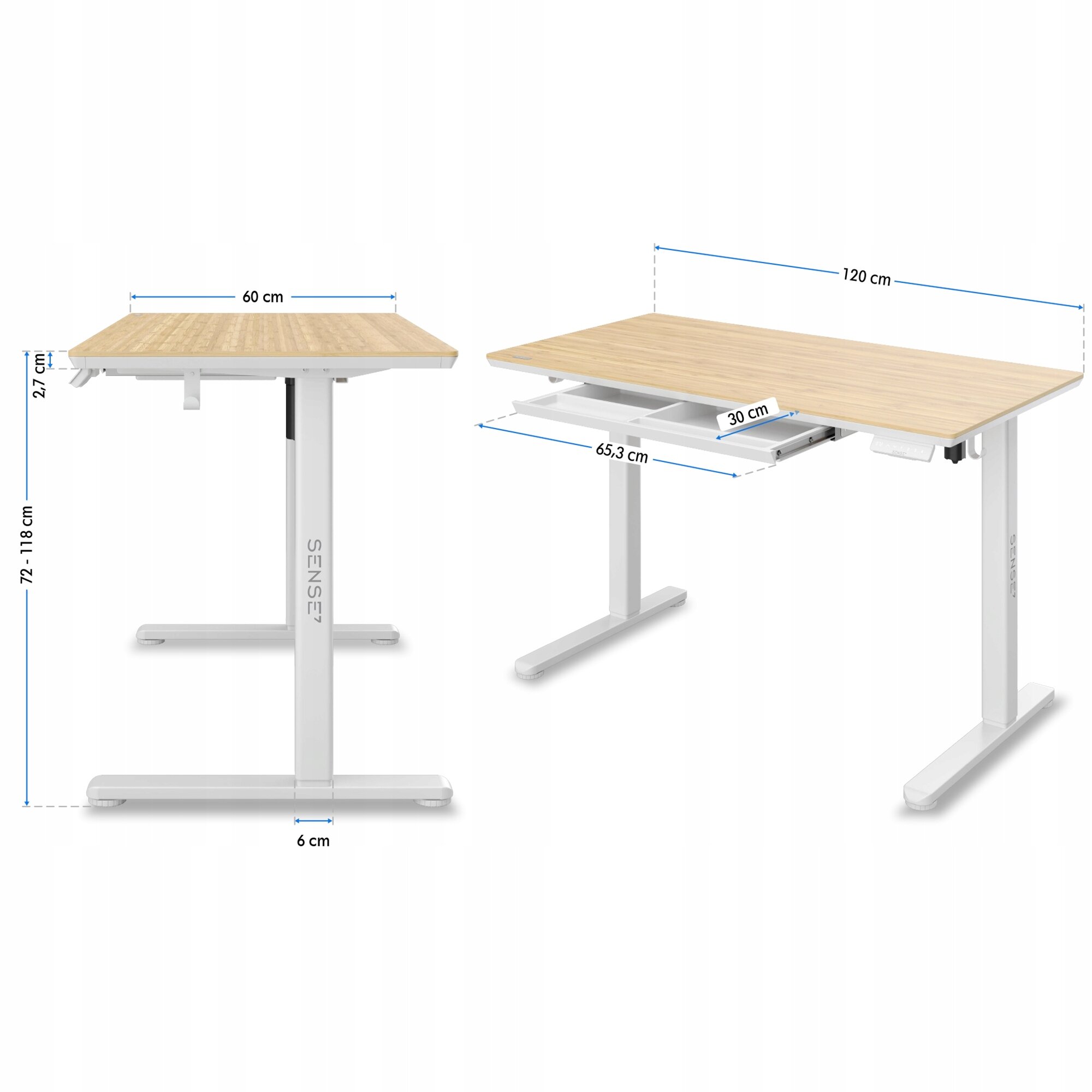 Obraz przedstawia biurko elektryczne z bambusowym blatem o wymiarach 120x60 cm i białą szufladą. Widoczne są wymiary: wysokość regulowana od 72 do 118 cm, głębokość szuflady 30 cm, szerokość podstawy 65,3 cm, a logo \'SENSE7\' znajduje się na nodze biurka.