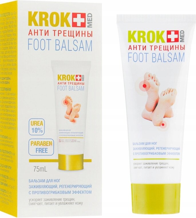 Opakowanie i tubka produktu KROK MED Anti Cracks Foot Balsam z widocznym napisem \'UREA 10%\' i \'PARABEN FREE\'. Na opakowaniu i tubce znajduje się grafika stóp z zaznaczonymi miejscami problematycznymi.