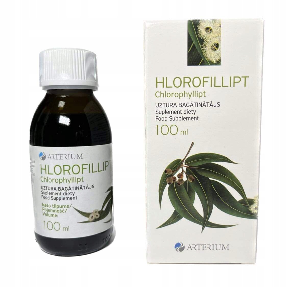 Na obrazie znajduje się butelka i pudełko produktu Hlorofillipt Chlorophyllipt o pojemności 100 ml. Na etykiecie i opakowaniu widnieje logo Arterium oraz ilustracja liści eukaliptusa.