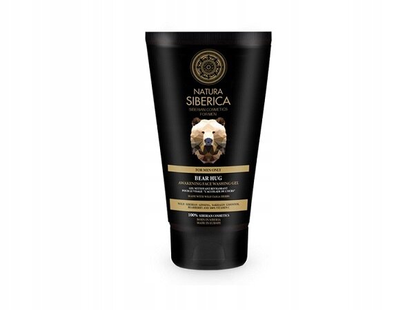 Czarny tubowy opakowanie z napisem \'Natura Siberica\' oraz grafiką niedźwiedzia. Widoczny tekst: \'For Men Only Bear Hug Awakening Face Energizing Gel\'.