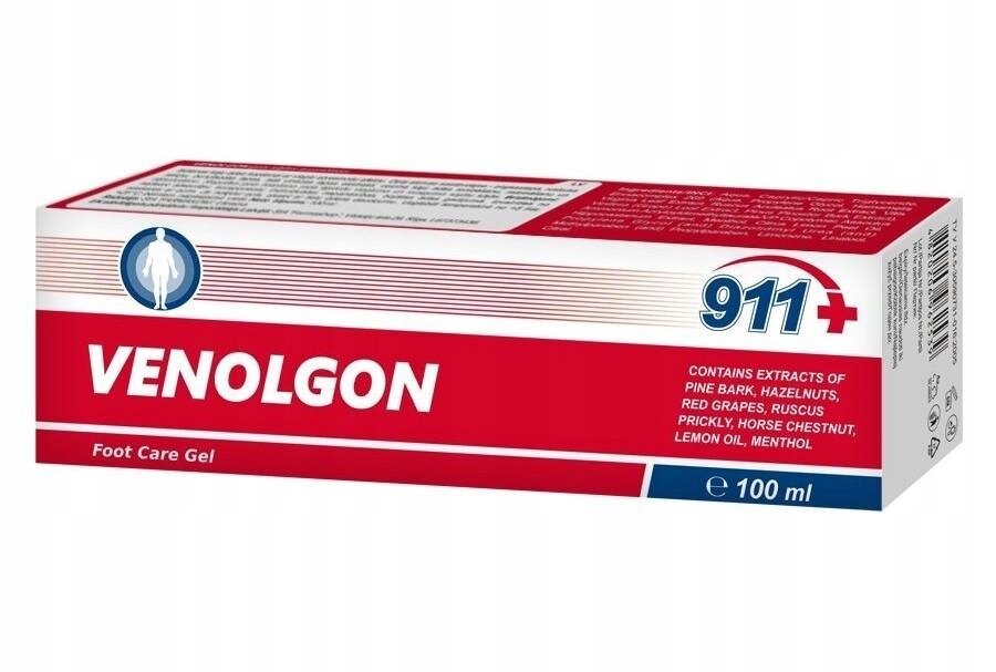 Opakowanie produktu Venolgon, Foot Care Gel, o pojemności 100 ml, z widocznym logo 911+. Zawiera ekstrakty z kory sosny, orzechów laskowych, winogron, ruszczyka, kasztanowca, olejku cytrynowego i mentolu.