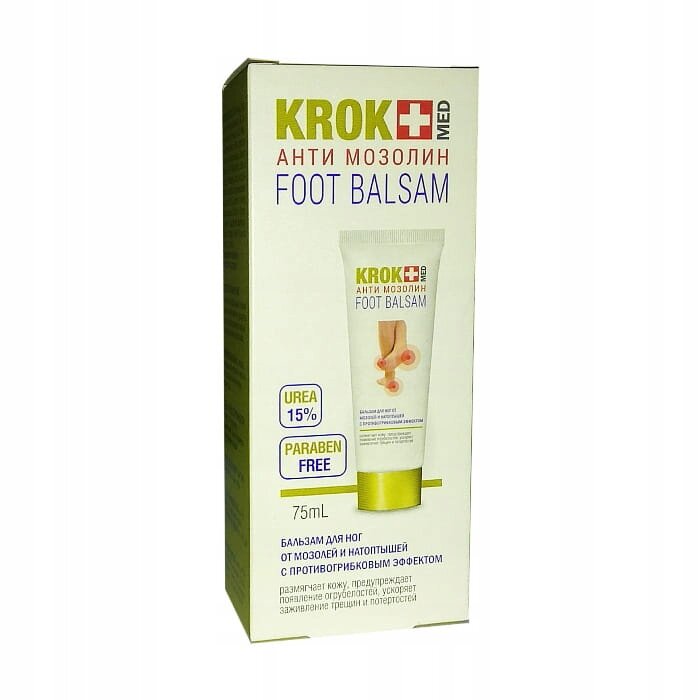 Opakowanie balsamu do stóp z napisem \'KROK MED ANTI МОЗОЛИН FOOT BALSAM\'. Na opakowaniu widoczne są informacje: \'UREA 15%\', \'PARABEN FREE\', \'75ml\'.