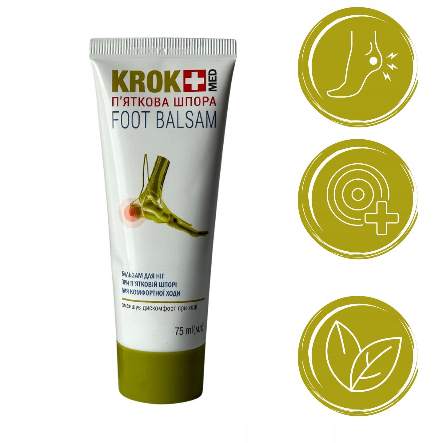 Na obrazie widoczna jest tubka balsamu do stóp z napisem \'KROK MED FOOT BALSAM\' oraz ilustracją stopy. Obok znajdują się trzy okrągłe ikony z symbolami: stopy, celu i liści.