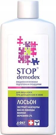 Biała butelka z kolorową etykietą przedstawiającą puzzle i napisem \'STOP demodex\'. Na etykiecie znajdują się dodatkowe informacje w języku rosyjskim oraz symbole producenta i krzyż szwajcarski.