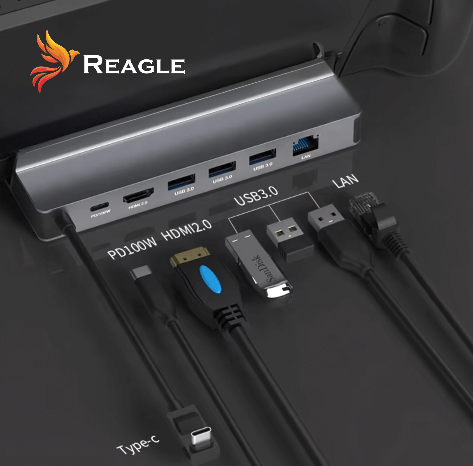 Obraz przedstawia stację dokującą z kilkoma portami: PD100W, HDMI 2.0, trzy porty USB 3.0 oraz LAN. Widoczne są podłączone kable i urządzenia, a w lewym górnym rogu znajduje się logo \'REAGLE\'.